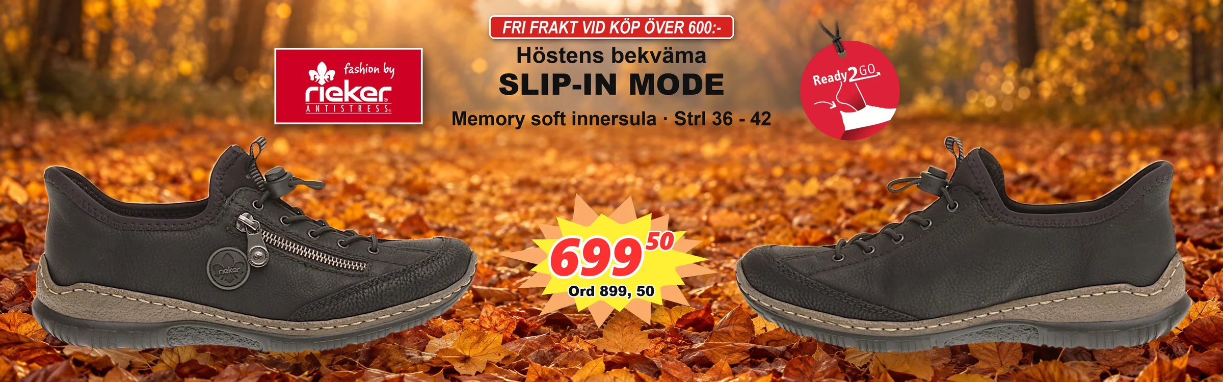 Rieker Antistress slip-in dam i svart – höstkampanj 699,50 kr, ord 899,50 kr, storlek 36–42